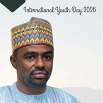 Commemorative graphic headed 'International Youth Day 2026', showing Hon. Umar Yusuf Yabo in a patterned cap and light blue robe.