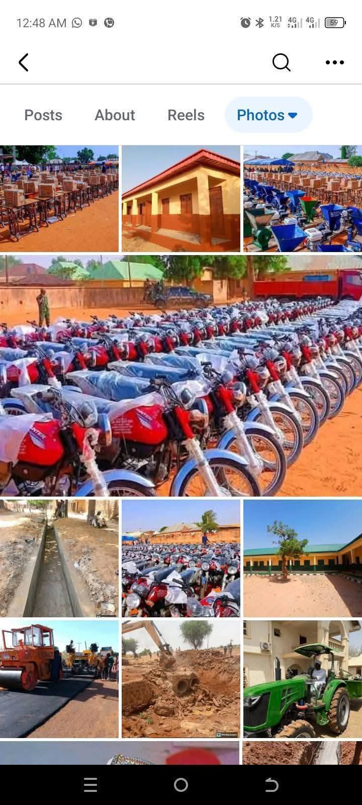 Screen capture from a photo album: long rows of new motorcycles, still wrapped in plastic, lined up on red dirt.